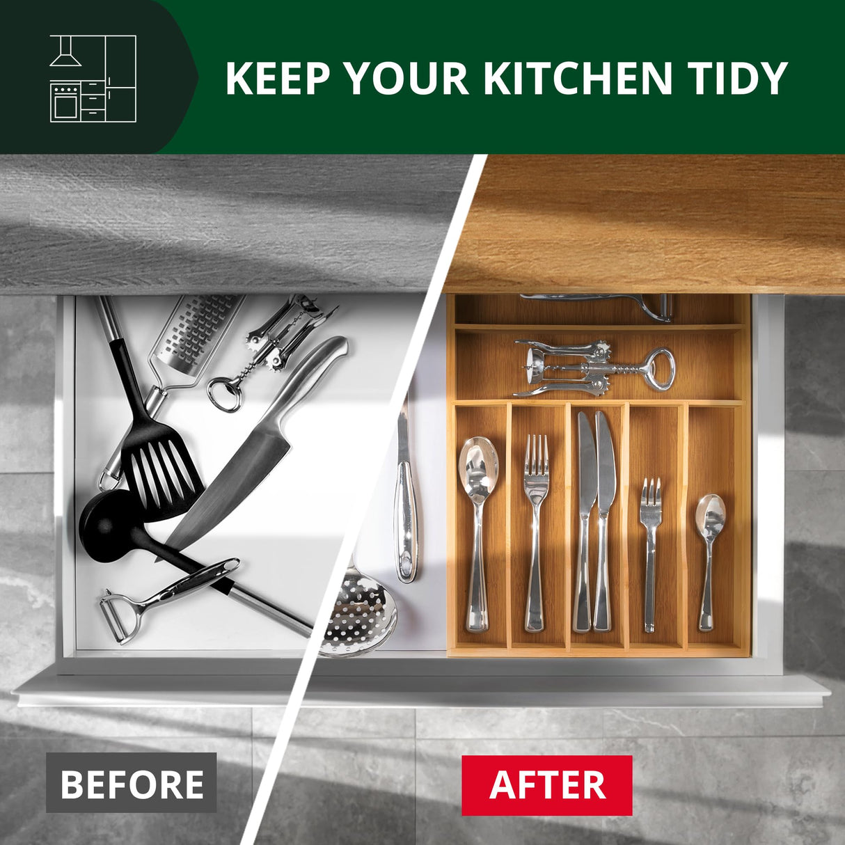 ROYAL CRAFT WOOD Luxury Bamboo Utensil Rack and Silverware Organizer, Kitchen Drawer Organizer - Utensil Holder and Cutlery Tray with Grooved Drawer Dividers for Flatware 7 Slot, Natural ROYAL CRAFT WOOD