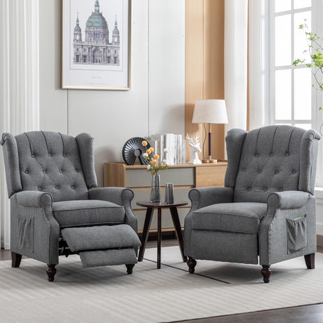 Oprisen Push Back Recliner Mid-Century Modern Accent Chair Reading Chairs Set of 2 Tufted Fabric Arm Chair for Living Room w/Heat Massage/Side Pockets (2 PC, Gray) Oprisen