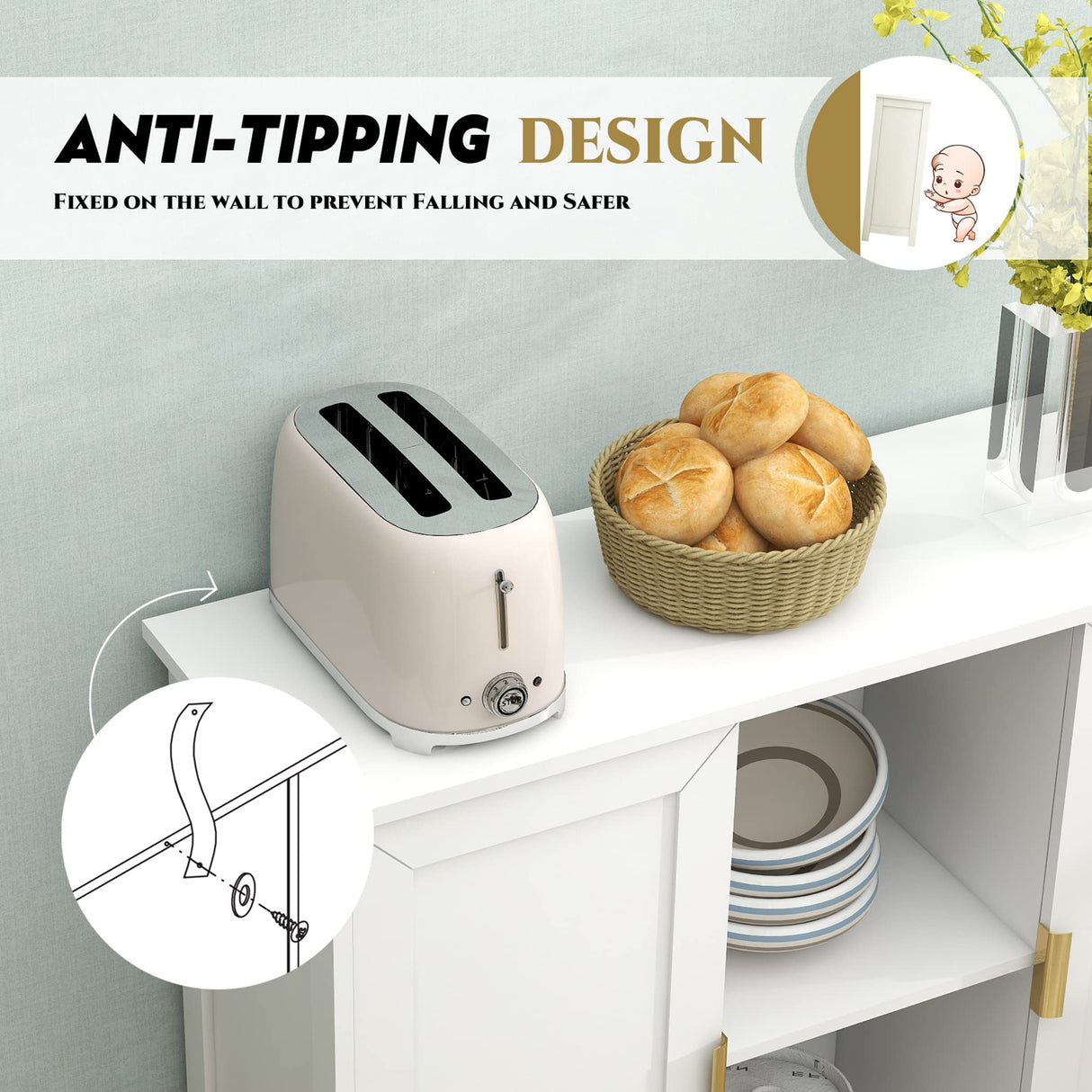 TaoHFE White Storage Cabinet,Credenza Buffet Cabinet Wooden Coffee Bar Cabinet Buffet Table White Sideboard Thin Cabinet for Narrow Spaces Entry Cabinet Hallway Cabinet for Kitchen TaoHFE