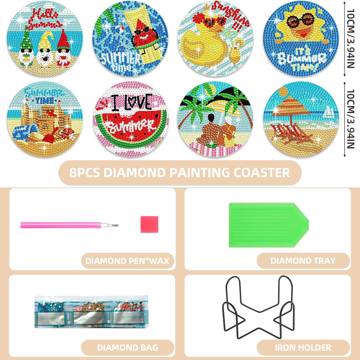 8 PCS Diamond Painting Coasters with Holder, DIY Craft Kit, Tropical Summer Theme, Diamond Painting Kit for Adults, Kids & Beginners Generic