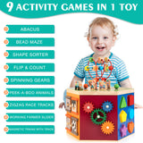 WOODMAM Large Activity Cube, 9-in-1 Farm-Themed Wooden Play Center, Multipurpose Montessori Toy for 1-2 Year Old Baby Toddler Kid, First Birthday Gift | Bonus Magnetic Train Cars WOODMAM