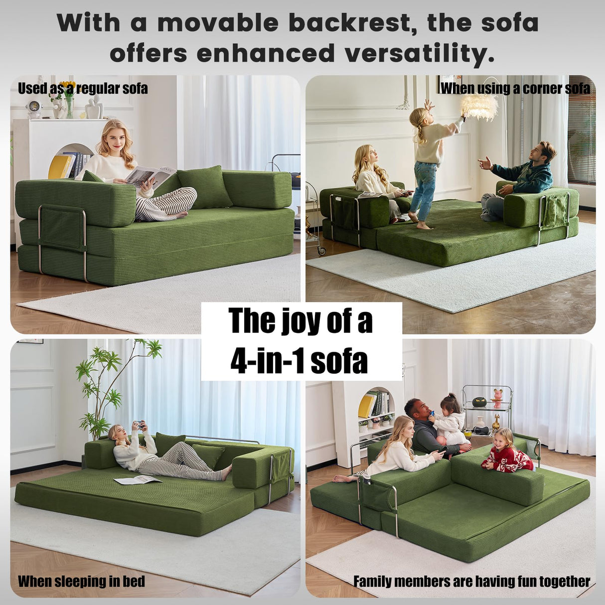 GEARIVY Folding Sofa Bed Convertable Corduroy Couch King Size Floor Sleeper 4-in-1 DIY Combination Modular Sofa Fold Out Futon Lounge Comfy Foldable Lazy cama for Living Room (Green, 80.15") GEARIVY