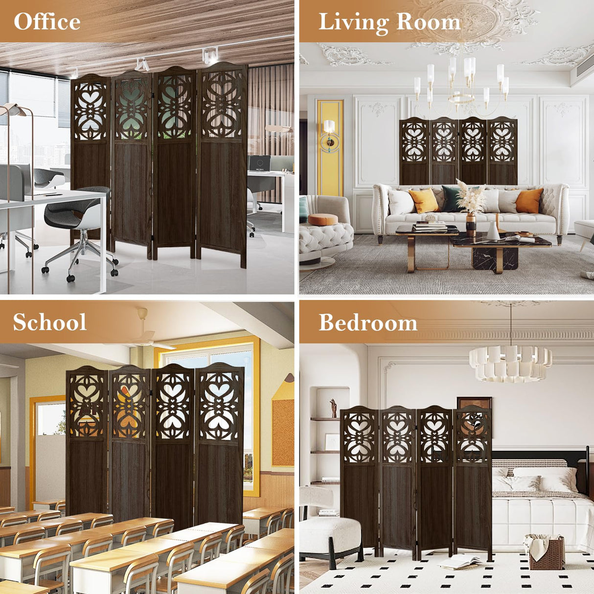 Leesinwing Room Divider, 4 Panel Wood Room Divider Wall, Carved Vault Room Dividers, Rustic Minimalism Room Partition, 5.6Ft Room Dividers and Folding Privacy Screens, Dark Brown Leesinwing
