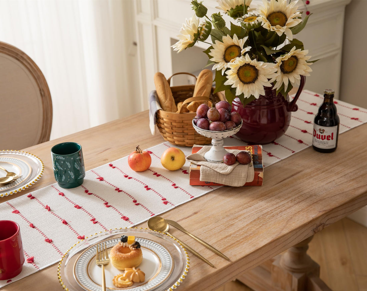 Caflife Christmas Table Runner 72 Inchs Long for Modern Farmhouse Room Home Christmas Decorations, Boho Red Table Runner, Natural Cotton Woven with Tassels for Holiday Kitchen and Dining Table Decor Caflife