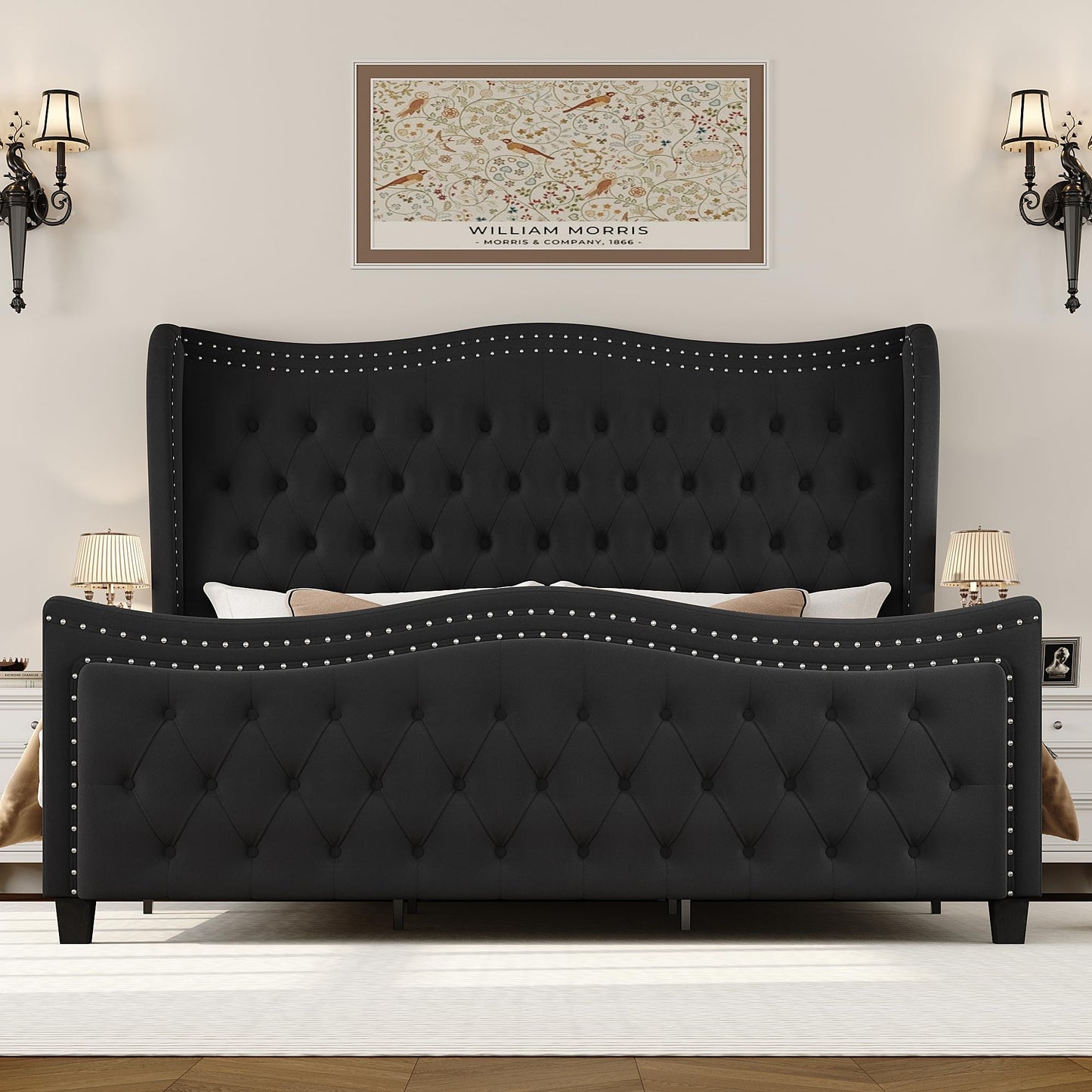 HOSTACK Luxe Velvet King Bed Frame with Tall Headboard and Button Tufting - No Box Spring Required, Sturdy Platform Design, Black - WoodArtSupply