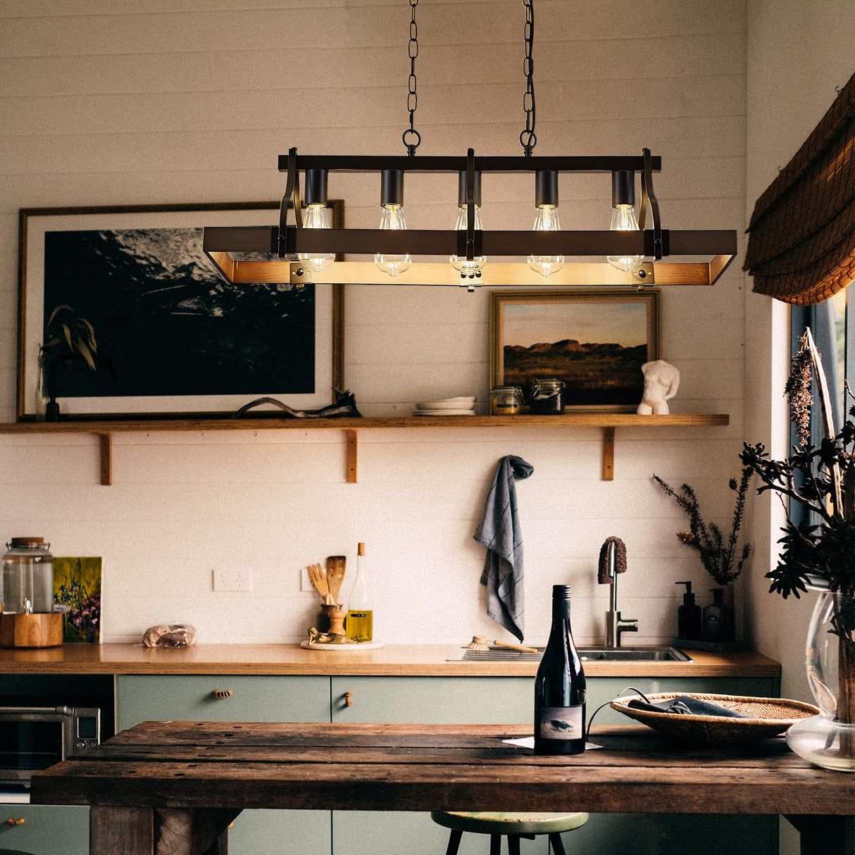 Feohak Farmhouse Chandeliers for Dining Room, 5-Light Rustic Kitchen Island Light Fixture, Wood Linear Industrial Black Rectangular Ceiling Feohak