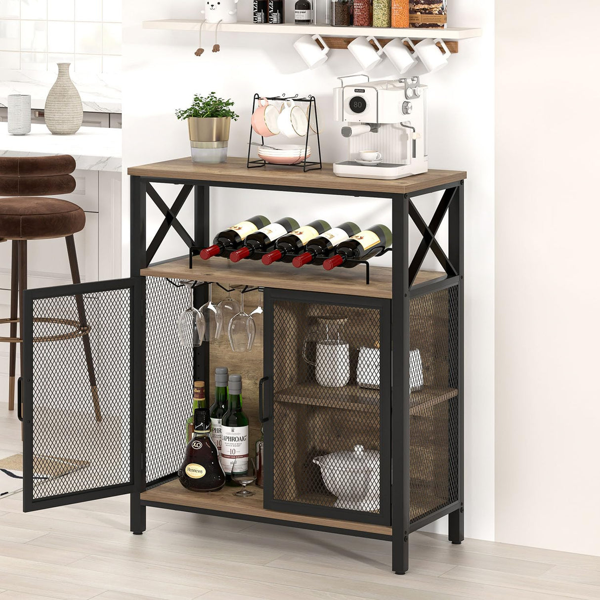 FOLUBAN Coffee Bar Cabinet, Small Liquor Cabinet with Wine Rack for Home, Modern Wine Bar Cabinet with Storage for Living Dining Room, Farmhouse Kitchen Sideboard Buffet Cabinet, Oak 47 Inch FOLUBAN