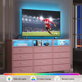 Dresser for Bedroom Bedroom Pink Dresser with LED Lights and Charging Station, 12 Long Fabric Drawers Dressers, Tall Wide Chest of Drawers Storage Organizer TV Stand for up to 65" TV for Living Room SOOWERY