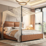 QNICE Canopy Bed Frame King Size with Upholstered Headboard, Tall Four Poster Metal Platform Bed, Easy to Assemble, No Box Spring Needed, Brown QNICE