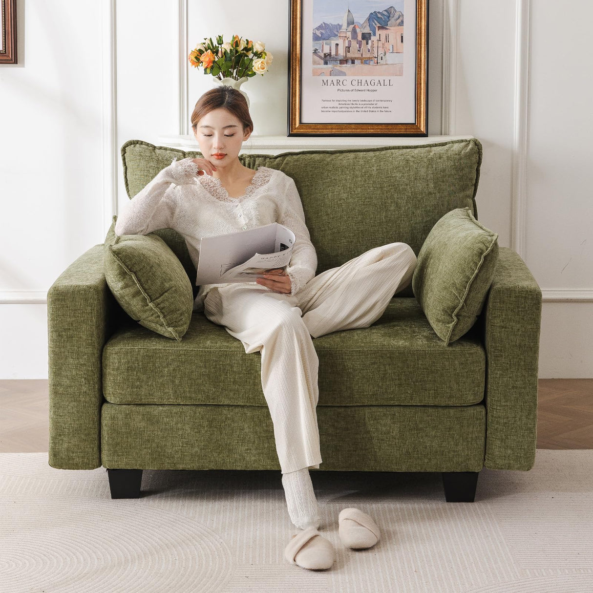 liuyefisher 53'' Loveseat Sofa with All Seats Storage, Modular Sectional Couch with Deep Seat,Oversized Comfy Couch with Throw Pillows,Single Sofa Chair for Living Room,Bedroom,Chenille,Green liuyefisher