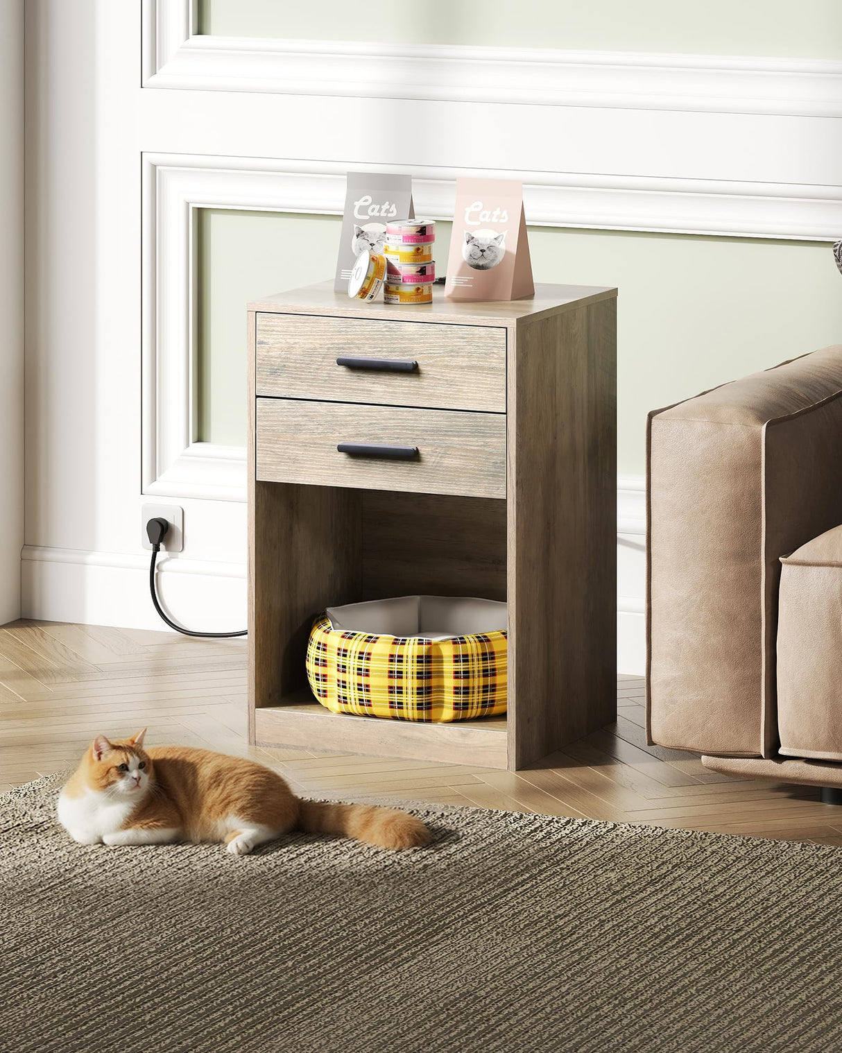 WLIVE Night Stand Set of 2 with Charging Station, Nightstands with Wood Drawers and Open Shelf, Bed Side Tables Living Room, Bedroom, Modern End Table Set 2, Greige WLIVE