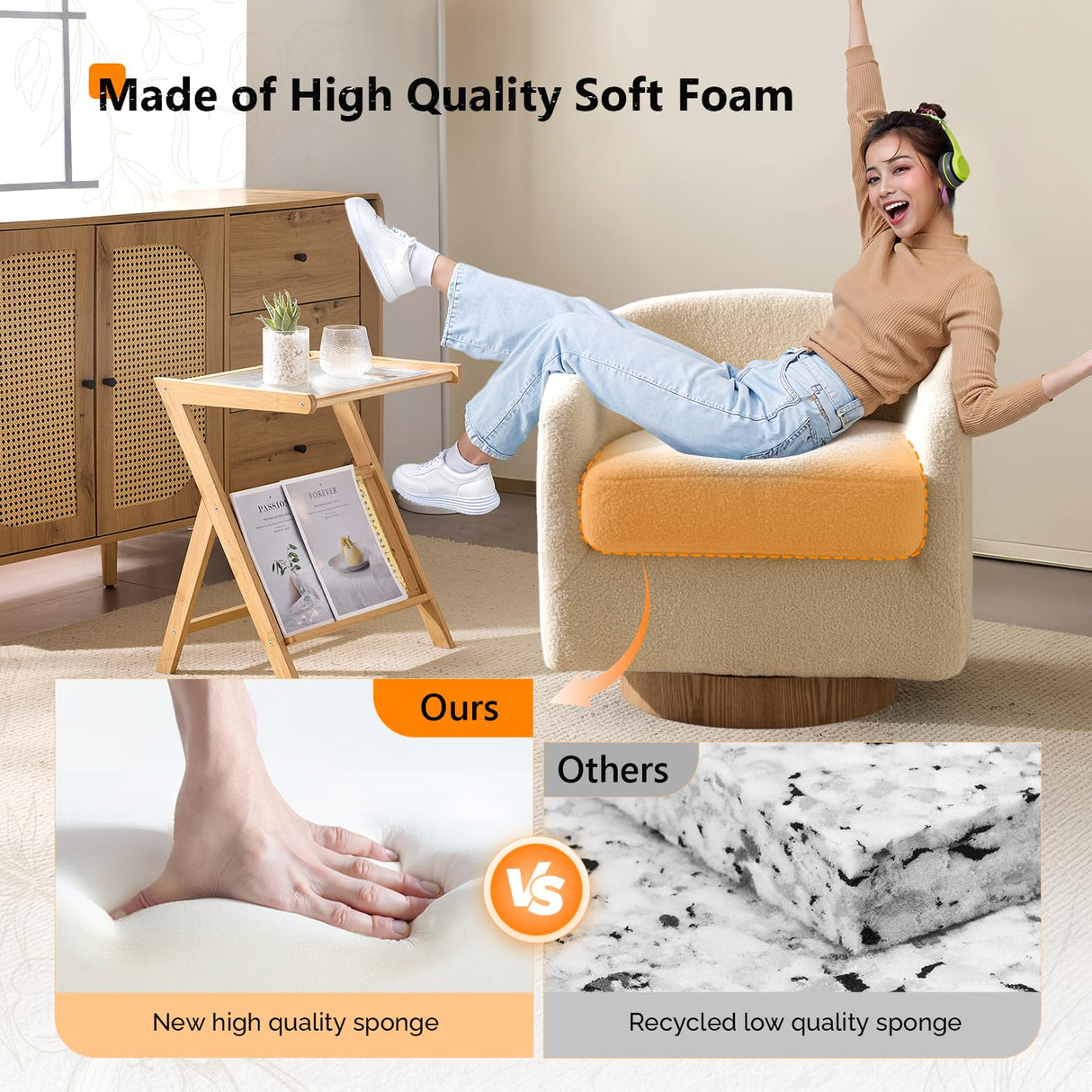 VINGLI 360°Swivel Accent Chair with Engineered Wood Base and Removable Cushion for Living Room, Bedroom, Curved Back Barrel Chair for Small Space, Upholstered Bucket Armchair, Teddy Khaki VINGLI