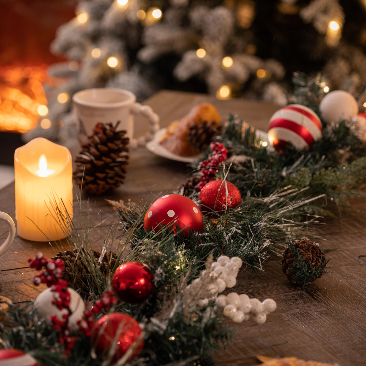 Valery Madelyn 6 feet Pre-Lit Christmas Garland with Lights for Mantle, Lighted Battery Operated Xmas Garland with Red White Balls for Front Door Fireplace Table Centerpiece Outdoor Window Home Decor Valery Madelyn