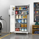 SUXXAN Garage Storage Cabinet with Pegboard and 5 Adjustable Shelves, 71'' x 32'' x 16''Metal Lockable Cabinet with Magnetic Doors,Tool Storage,Home Office Garage,Gym,School(White) SUXXAN