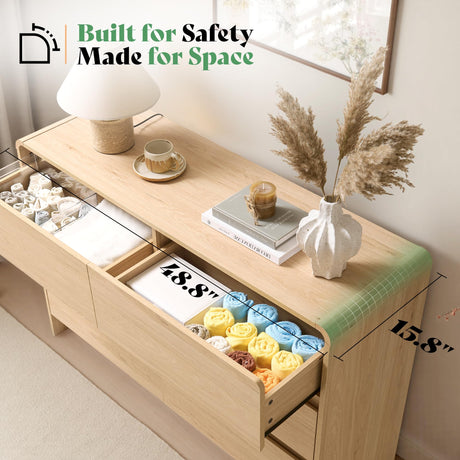 AMERLIFE 6 Drawer Dresser for Bedroom, 49" Wide Modern Chest of Storage Drawers with Rounded Corners, Anti-Tip Kit, Wood Cabinet Organizer for Closet, Living Room, Nursery, Easy Assembly, Light Oak AMERLIFE