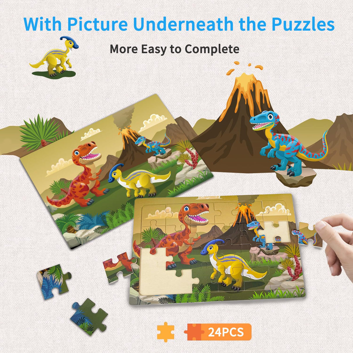 Puzzles for Kids Ages 3-5 4-6, 24 Pieces Dinosaur Wooden Jigsaw Puzzles for Toddlers Ages 3 4 5 6 Year Olds Educational Learning Toys Children Puzzles for Kids Boys and Girls OSBOO