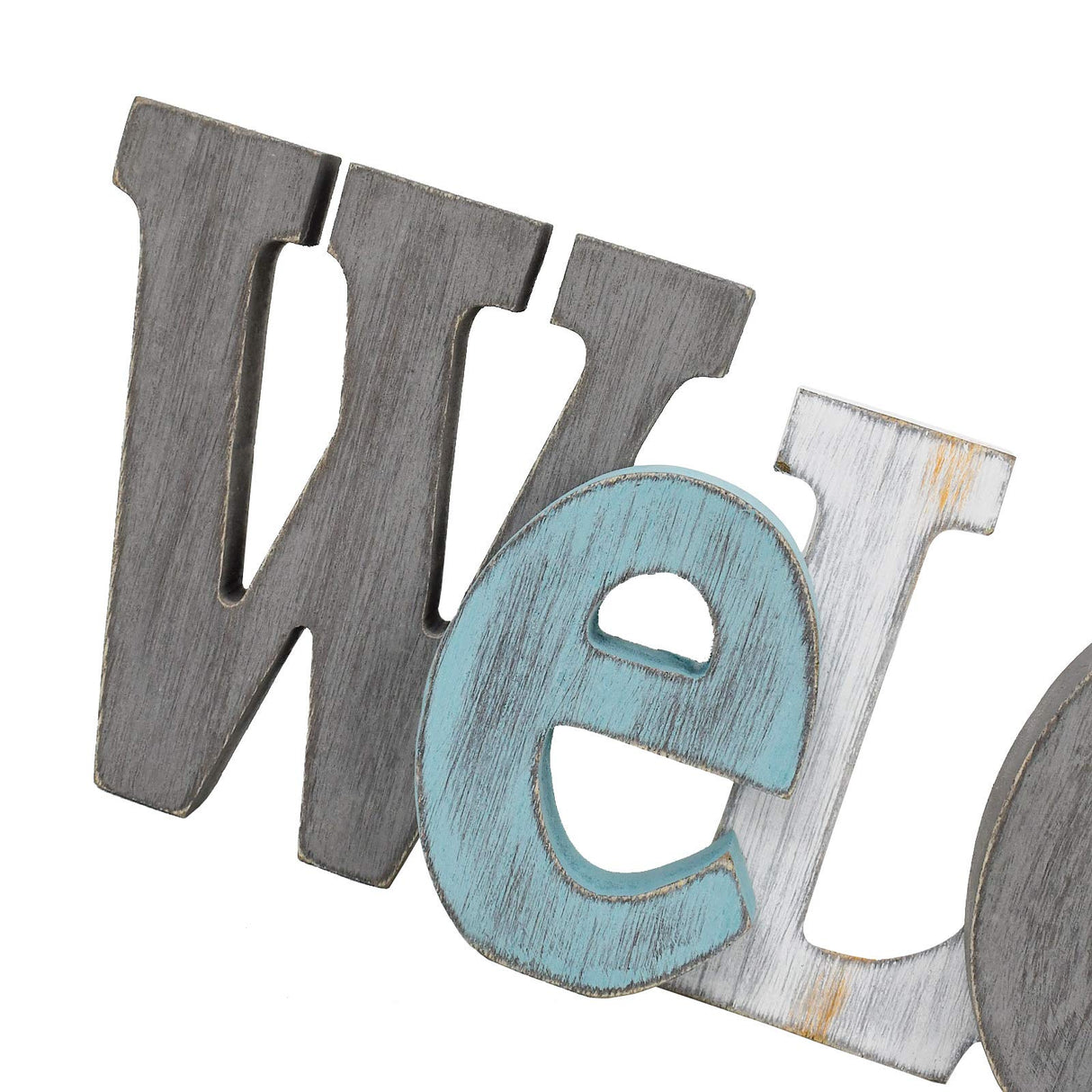 Rustic Wooden Teal Home Sign Decorative Cutout Letters Freestanding Block Word Sign Hanging Ornament Table Shelf Decor (Welcome) E-view