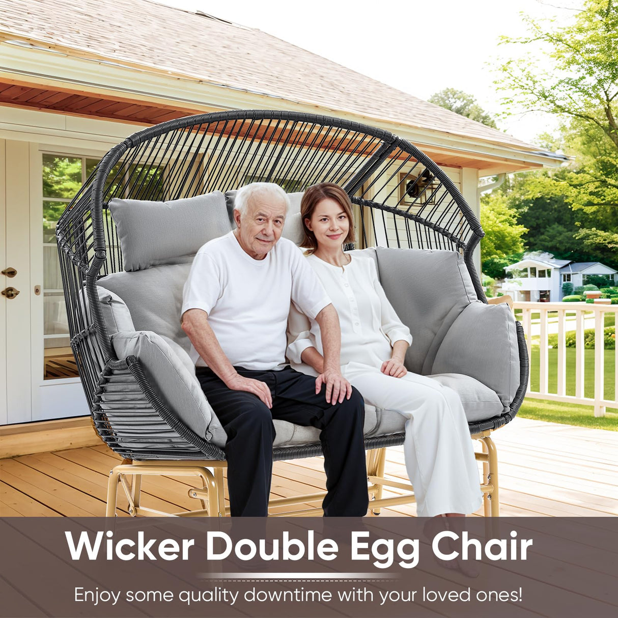 Belord Double Egg Chair Outdoor Glider Loveseat, 550LBS Weight Capacity Wicker Patio Rocking Egg Chairs, Handwoven Rattan Porch Furniture Glider Loveseat for Patio Deck Balcony Sunroom Belord