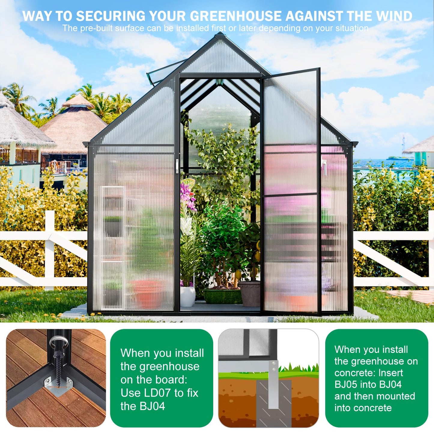 CDCASA 8.2x6.2 FT Greenhouse for Outdoors, Easy Assembly Aluminum Heavy Duty Polycarbonate Greenhouses w/Vent Window, Swing Door, Walk-in Green House for Sunroom Patio, Backyard, Garden,Black