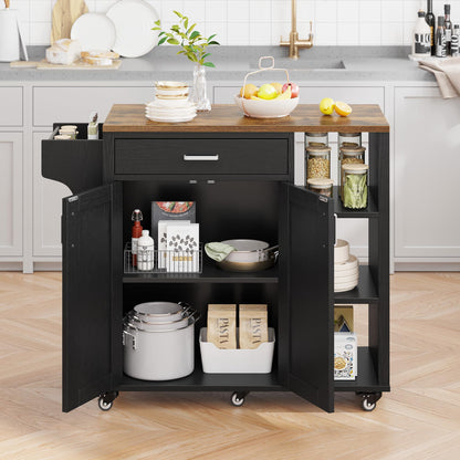 YITAHOME Kitchen Island with Storage, Rolling Kitchen Island on Wheels with Drawer Open Shelves & Wine Rack Spice Rack, Kitchen Cart with Two Doors for Kitchen, Dining Room, Black