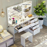 VOWNER Vanity with Lights - 47" Makeup Vanity Desk with Power Outlet, Storage Shelves and 6 Drawers, 3 Color Lighting Modes with Adjustable Brightness, Makeup Desk with Stool for Bedroom, White VOWNER