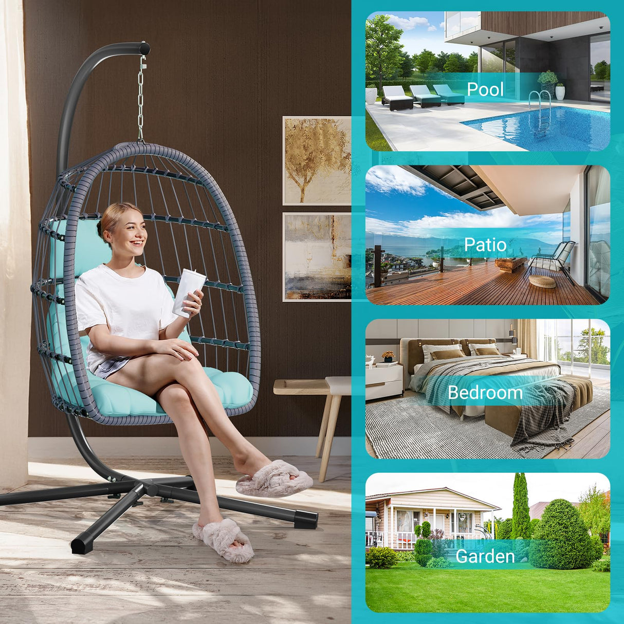 LEVELEVE Egg Chair with Stand,Patio Rattan Wicker Hanging Swing Egg Chair Hammock Chair for Bedroom Porch Garden,Thickened Aluminum Alloy Steel Frame and UV Resistant Cushion,350LBS Capacity LEVELEVE