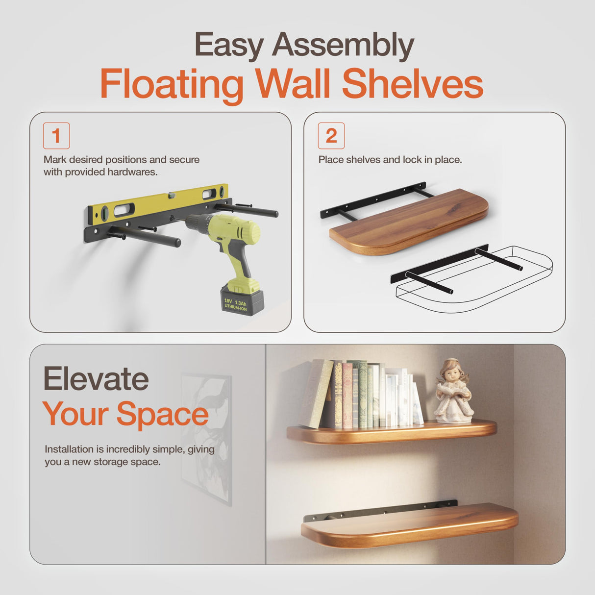 BATODA 17" Acacia Wood Floating Shelves Wall Mounted (Round Edge) – Rustic Farmhouse Wooden Wall Storage Shelf for Bedroom, Kitchen - Brackets and Shelving Hardware Included (Acacia, 17 Inch Length) BATODA