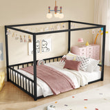 Full Size Canopy Floor Bed with 4 Posters and Guardrails, Full Size Montessori Floor Bed with High Fence, Anti Bump Design, Easy Assemble Montessori Beds, Heavy Duty Canopy Beds Black Bellemave