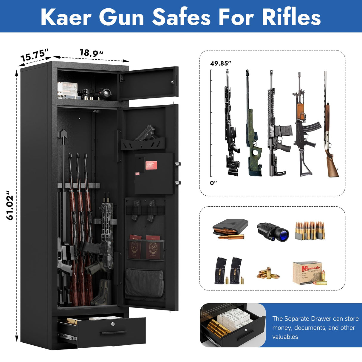 KAER 10-15 Gun Safes for Home Rifle and Pistols, Large Gun Cabinets for Rifles and Shotguns,Gun Rifle Safe with Drawer,Gun & Ammunition Storage & Safes (Assembly Required) KAER