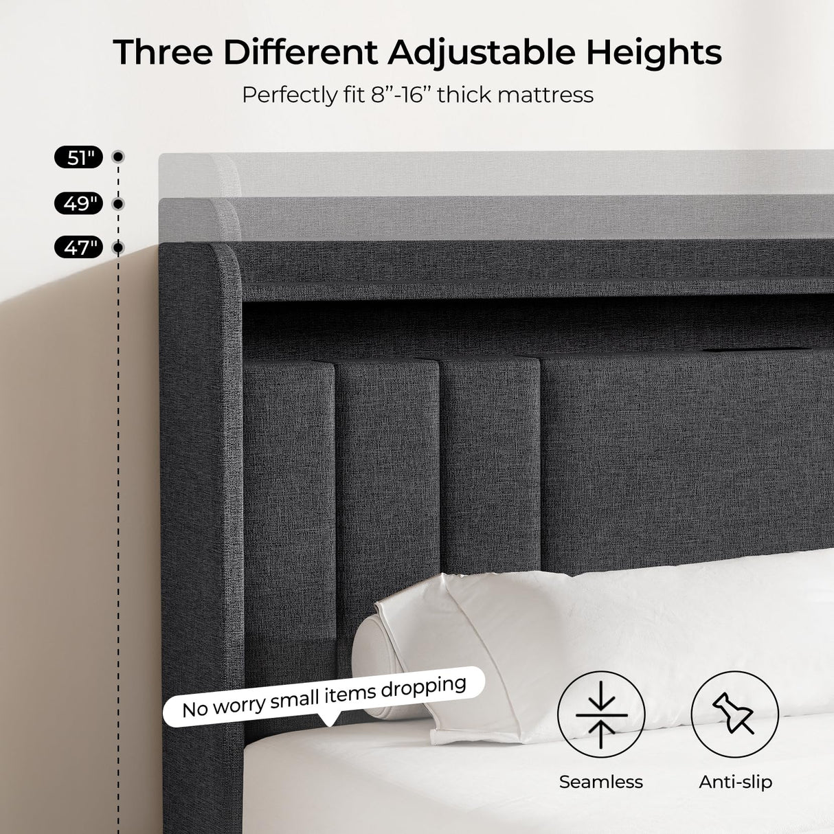 koorlian Queen Size Upholstered Bed Frame with 4 Storage Drawers and 51'' Tall Headboard Wingback Platform Bed Frames with RGB LED & USB Charging, 3 Adjustable Height, Noise-Free/Metal Support, Grey koorlian