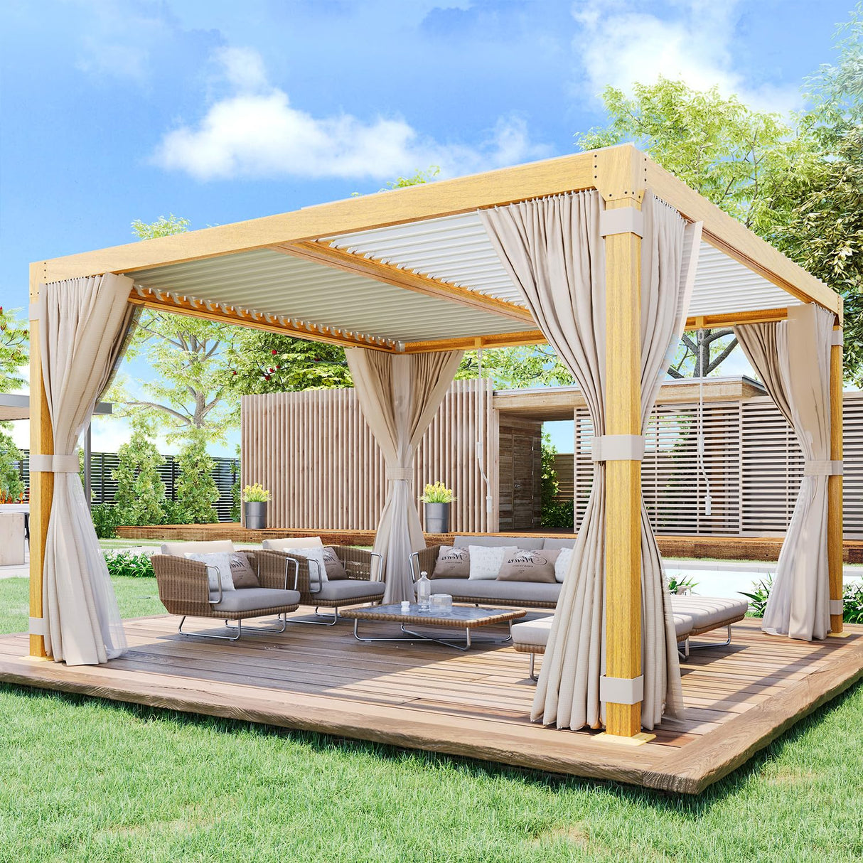 UPHYB Louvered Pergola 12x12ft, Adjustable Aluminum Pergola with Waterproof Curtains and Nets, Sun & Rain Shade for Patio, Modern DIY Outdoor Living Upgrade, Woodgrain UPHYB