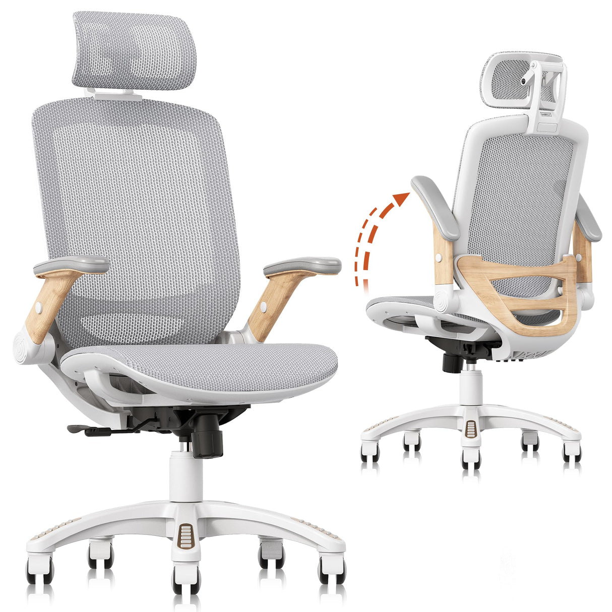 GABRYLLY Ergonomic Office Chair, High Back Home Desk Chair with Flip-Up Arms, Headrest, 90-120° Tilt and Wide Cushion, 400LBS White Mesh Chair for Work Gaming Study (GY01-NT, Woodgrain Pattern) GABRYLLY