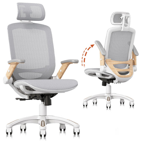 GABRYLLY Ergonomic Office Chair, High Back Home Desk Chair with Flip-Up Arms, Headrest, 90-120° Tilt and Wide Cushion, 400LBS White Mesh Chair for Work Gaming Study (GY01-NT, Woodgrain Pattern) GABRYLLY