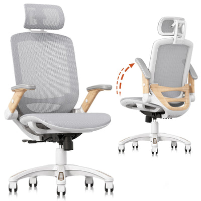 GABRYLLY Ergonomic Office Chair, High Back Home Desk Chair with Flip-Up Arms, Headrest, 90-120° Tilt and Wide Cushion, 400LBS White Mesh Chair for Work Gaming Study (GY01-NT, Woodgrain Pattern)
