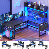 SEDETA L Shaped Gaming Desk with Hutch, 57.5” Reversible Corner Computer Desk with Storage Shelves, Gaming Desk with Pegboard, LED Lights, Power Outlet, Keyboard Tray and Storage Bag, Black SEDETA
