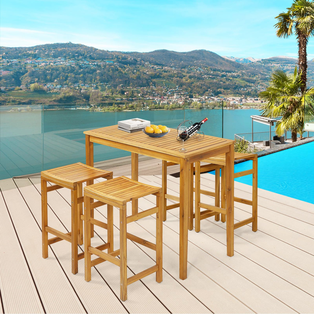 Tangkula 5-Piece Outdoor Acacia Wood Bar Set with High Top Table and Saddle Seat Stools Tangkula
