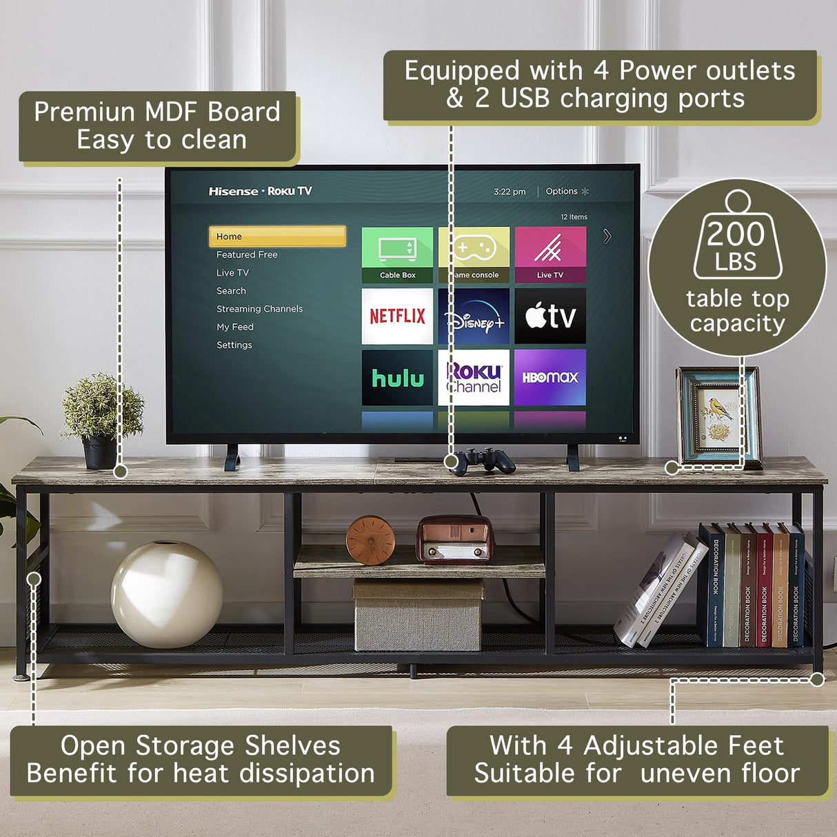 VECELO TV Stand with Power Outlets for Televisions up to 75Inch, 62" Media Entertainment Center with Charging Station 3-Tier Open Storage Shelves with Metal Frame for Living Room/Bedroom，Grey VECELO