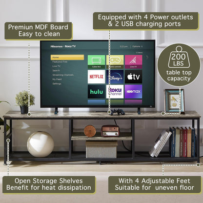 VECELO TV Stand with Power Outlets for Televisions up to 75Inch, 62" Media Entertainment Center with Charging Station 3-Tier Open Storage Shelves with Metal Frame for Living Room/Bedroom，Grey