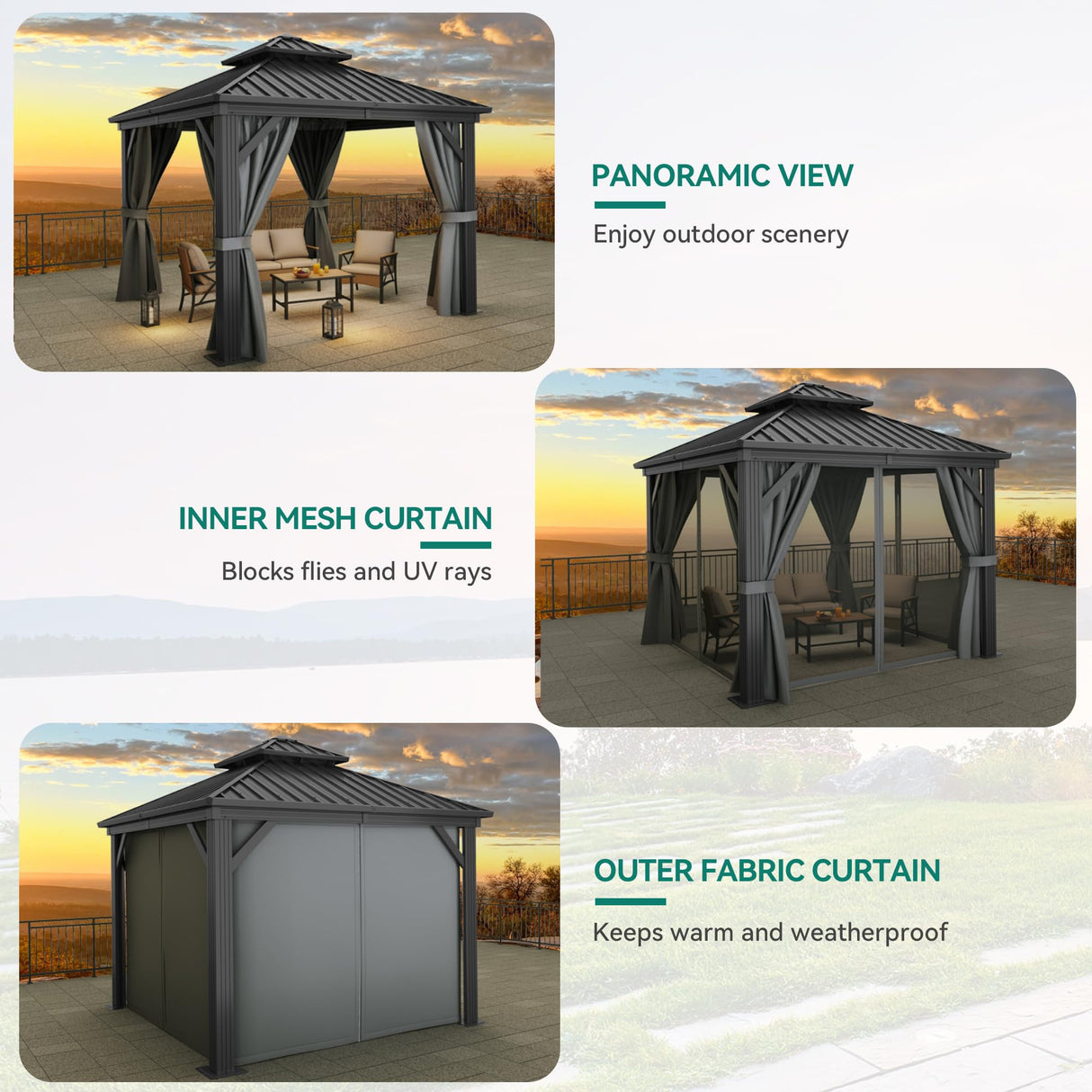 YITAHOME 10x10ft Hardtop Gazebo with Nettings and Curtains, Heavy Duty Double Roof Galvanized Steel Outdoor Combined of Vertical Stripes Roof for Patio, Backyard, Deck, Lawns, Gray YITAHOME