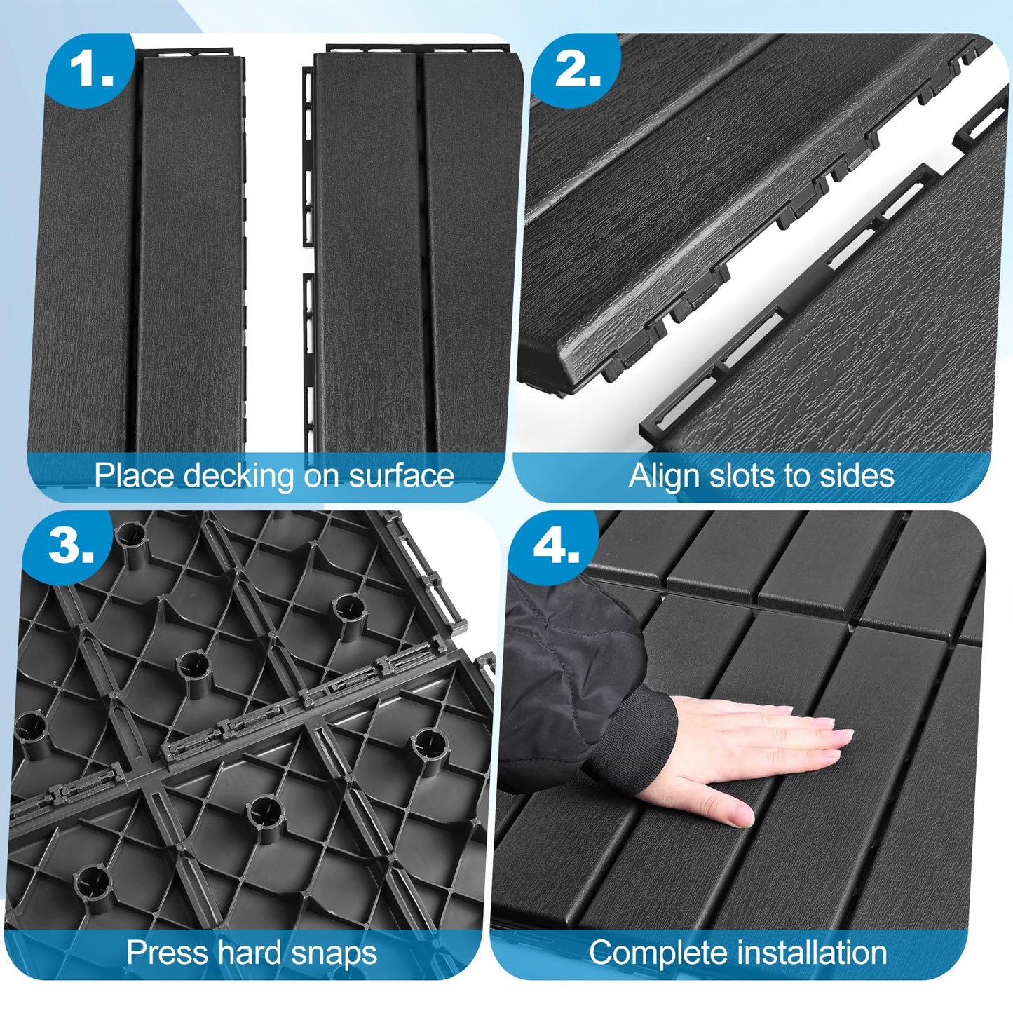 ToLanbbt Plastic Interlocking Deck Tiles 9 Pack 12"x12" Waterproof Indoor Outdoor Composite Patio Flooring Decking Tiles All Weather Use for Patio Porch Balcony Backyard Poolside, Dark Grey