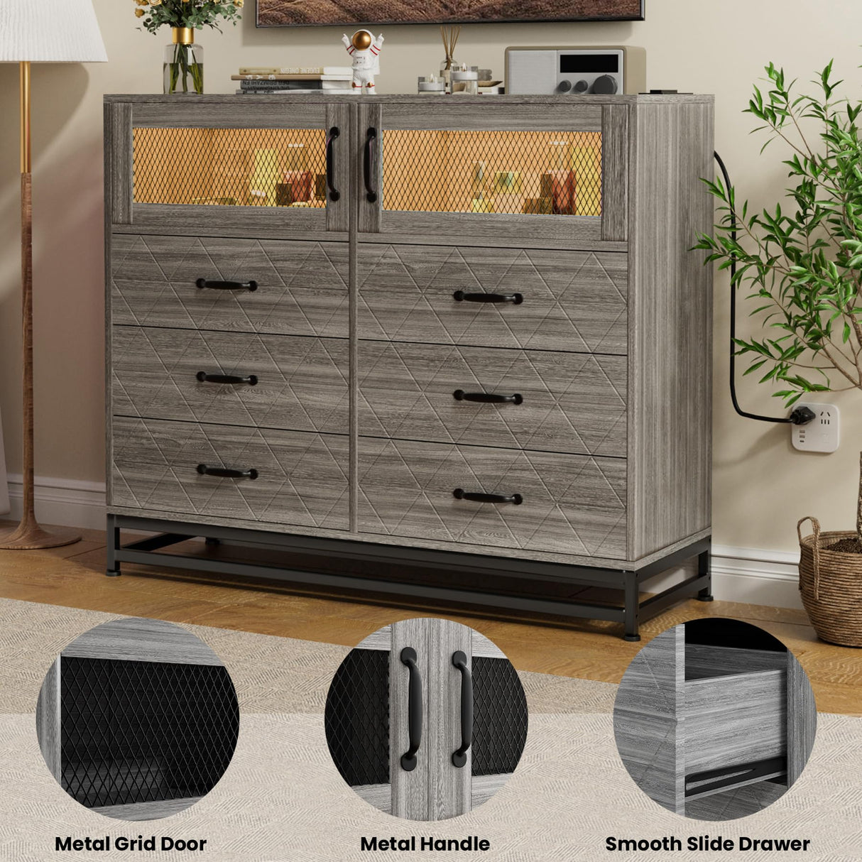 Grey Dresser for Bedroom with 6 Drawers 2-Door Storage Cabinet Dressers & Chest of Drawers with Charging Station and LED Lights, 8 Drawers Tall Dressers for Bedroom,Living Room,Hallway,Closet Takywep