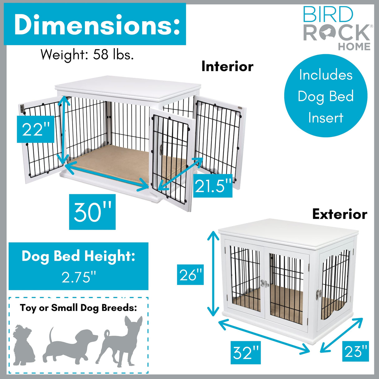 BIRDROCK HOME Decorative Dog Kennel with Pet Bed - Small Indoor Pet Crate, Double Door Design, Engineered Wood & Metal Wire, Furniture-Style House for Small Dogs, Side Table or Nightstand, White BIRDROCK HOME