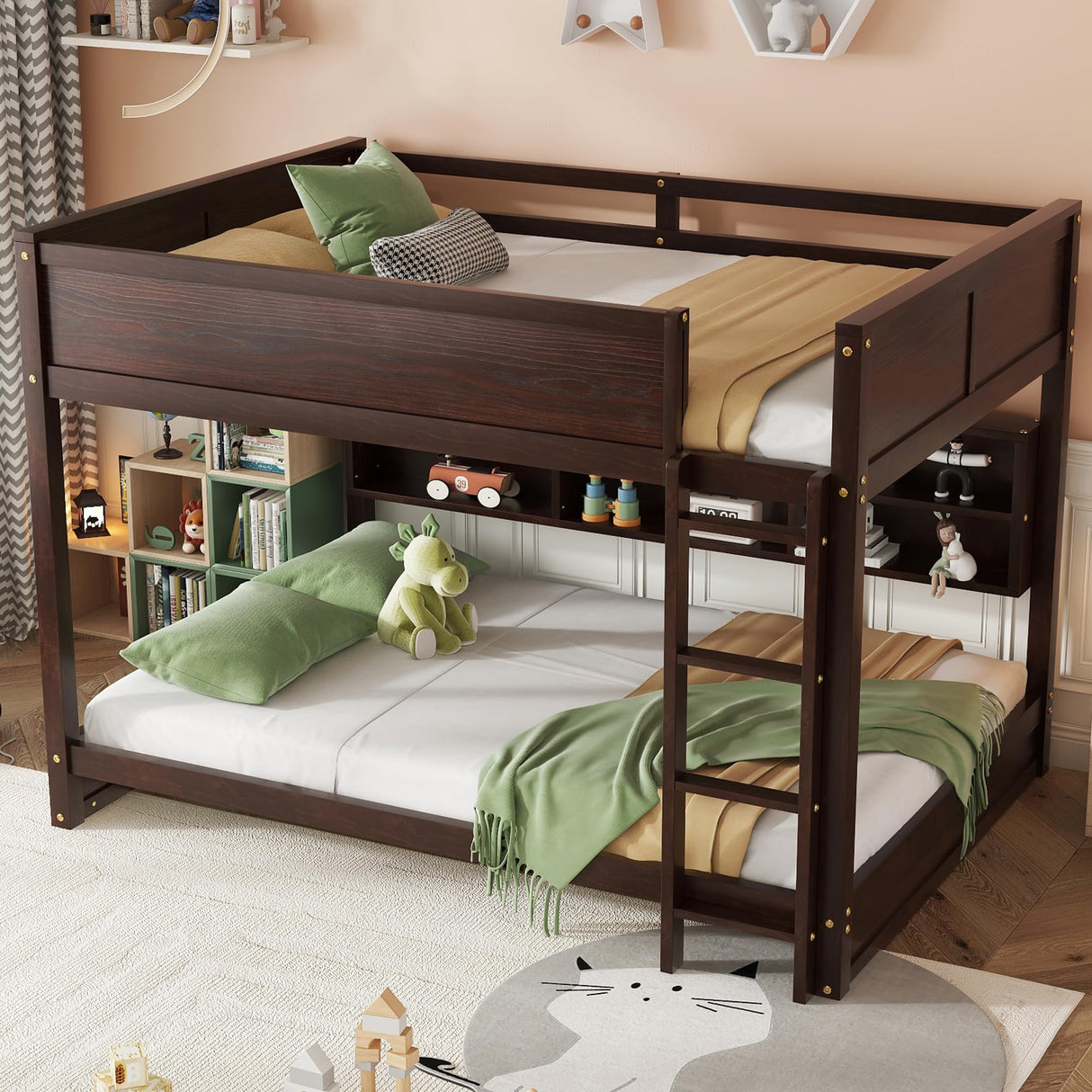 OYUMOENTS Queen Over Queen Bunk Bed, Solid Pine Wood Bunk Bed with Built-in Storage Cabinets, Charging Station, Ladder,Safety Guardrails, No squeaking for Teens & Adults, Brwon OYUMOENTS