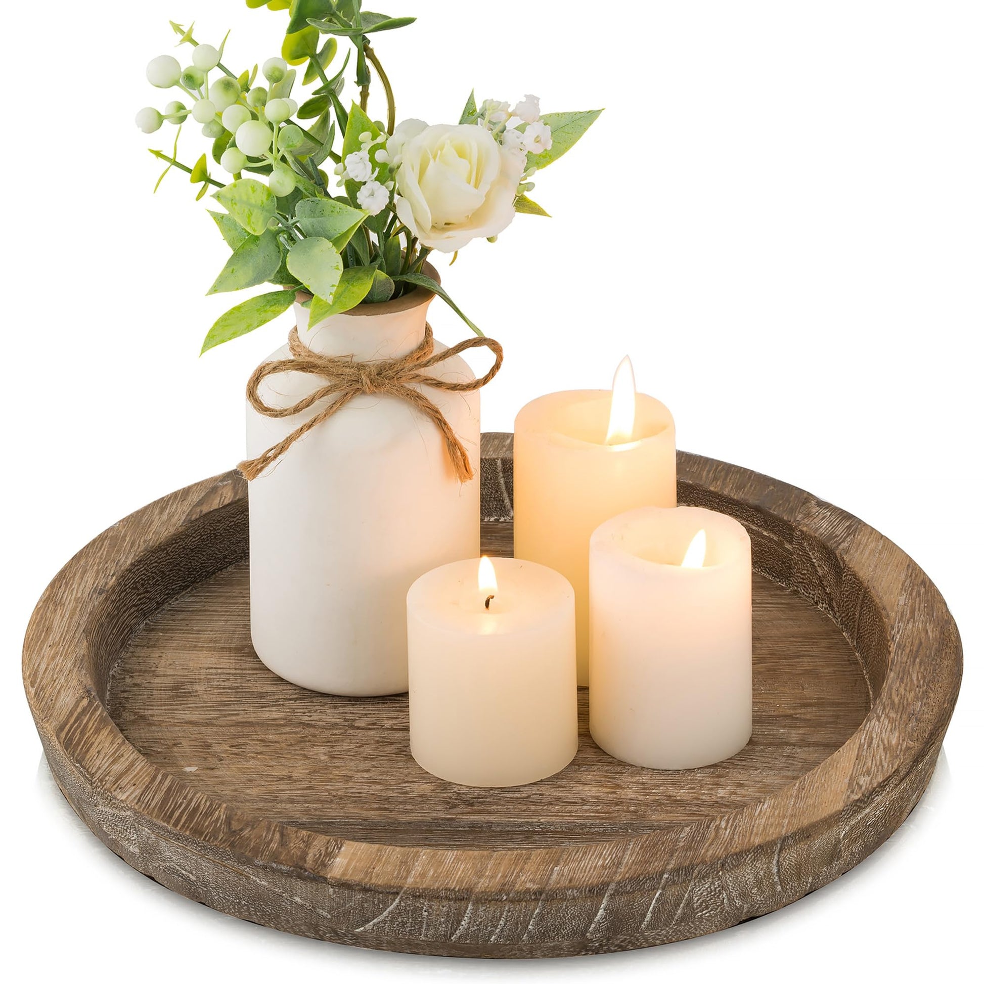 Hanobe Candle Plate Holder Tray: Round Wooden Decorative Candle Plate Small Farmhouse Table Centerpiece Rustic Wood Tealight Pillar Trays for Christmas Wedding Halloween Home Decor - WoodArtSupply