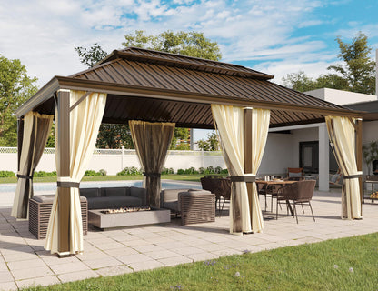 YOLENY 12' x 20' Gazebo, Galvanized Steel Double Roof Hardtop Gazebo with Aluminum Frame, Permanent Outdoor Metal Pavilion with Curtain and Netting for Patio, Lawn and Garden - WoodArtSupply