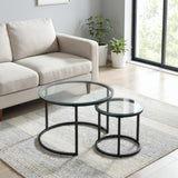 Round Nesting Coffee Table Set of 2, Modern Glass Nesting Tables, Stacking Minimalist End Table for Living Room Bedroom Small Space, Clear Tempered Glass and Black Cuizehua