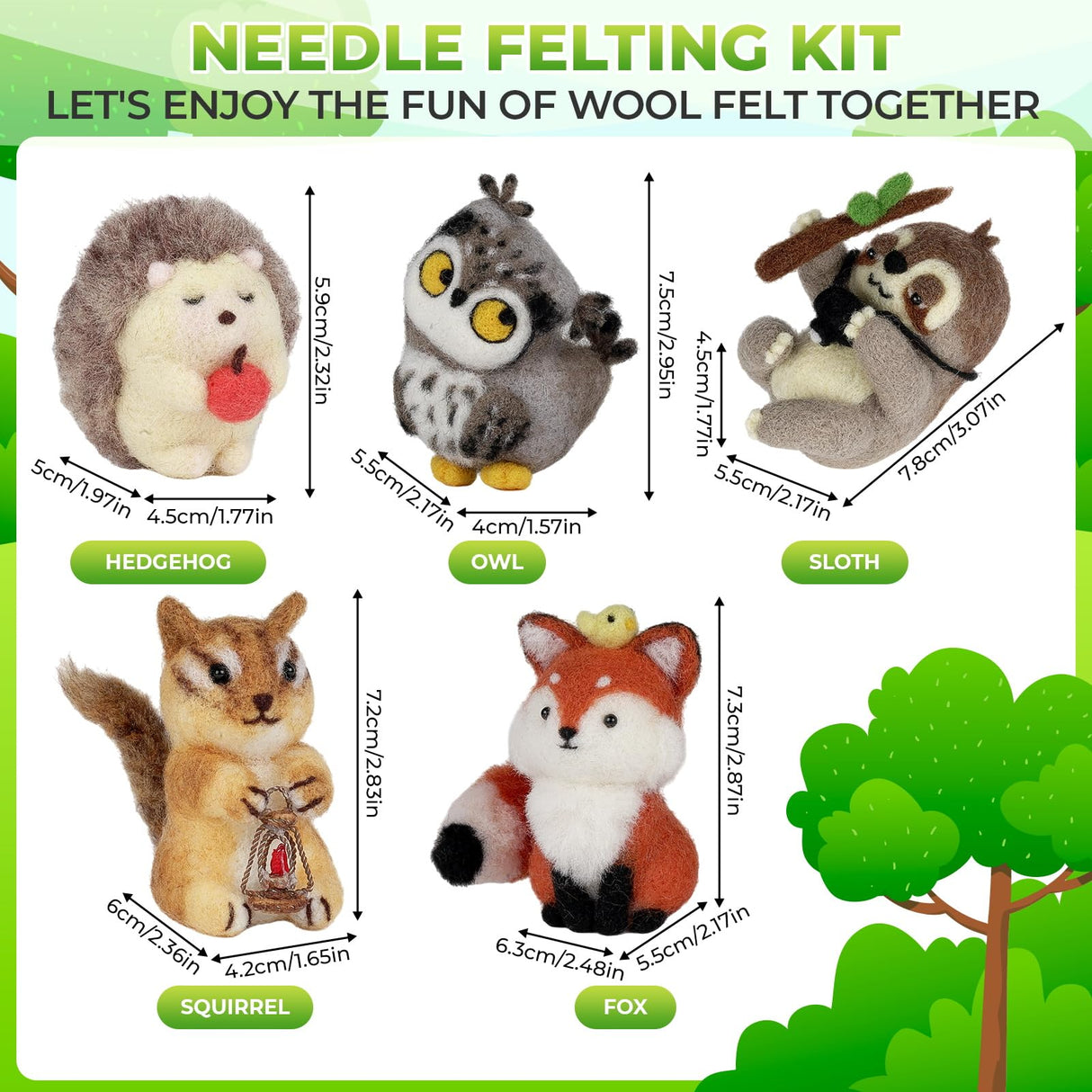 MOREJMTT Needle Felting Kit, 5 PCS Farm Animal Needle Felting Beginner Kits, Wool Felt Needle Felting Tools Foam Pad, Craft Party Supplies for Beginners Adult(Forest Animals) MOREJMTT