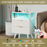 JOONEE White Nightstand with Charging Station and LED Lights,Modern Bedside Table with 2 Storage Drawer and Open Wood Shelf, for Bedroom and Small Spaces,Night Stand with Solid Wood Legs, White JOONEE
