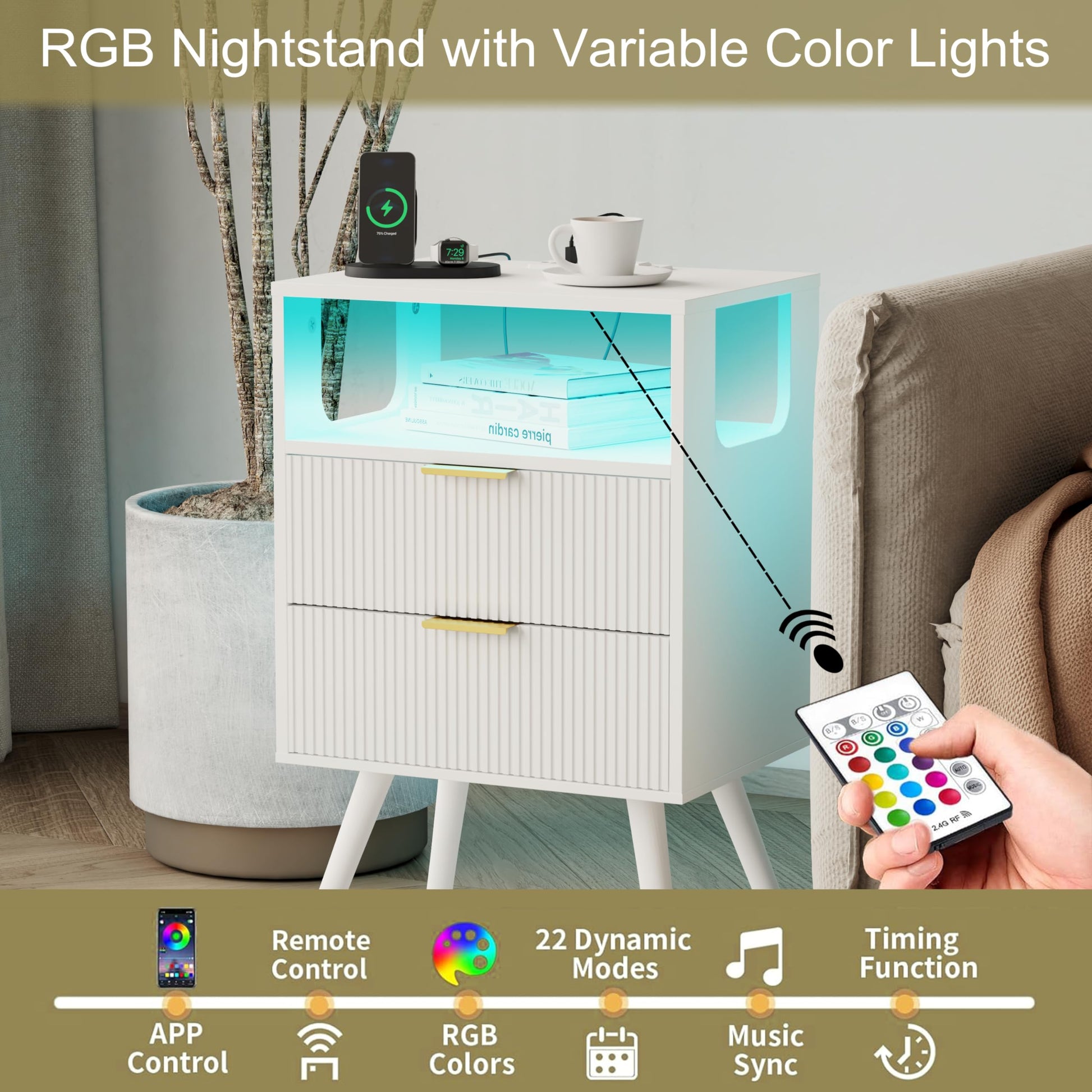 JOONEE White Nightstand with Charging Station and LED Lights,Modern Bedside Table with 2 Storage Drawer and Open Wood Shelf, for Bedroom and Small Spaces,Night Stand with Solid Wood Legs, Whi - WoodArtSupply