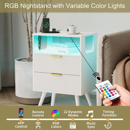 JOONEE White Nightstand with Charging Station and LED Lights,Modern Bedside Table with 2 Storage Drawer and Open Wood Shelf, for Bedroom and Small Spaces,Night Stand with Solid Wood Legs, Whi - WoodArtSupply